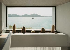 a view of the water from a window with cactus at Elounda Gulf Sunrise Villa in Elounda