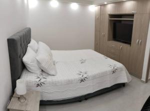 een slaapkamer met een bed met witte lakens en een televisie bij Encantador Apto Con Aire in Neiva