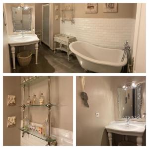 - deux photos d'une salle de bains avec baignoire et lavabo dans l'établissement Villa la bastide piscine et jacuzzi, à Silhac