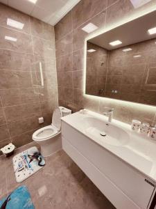 烏蘭巴托的住宿－High-Rise Scenic View New Apt，一间带卫生间、水槽和镜子的浴室