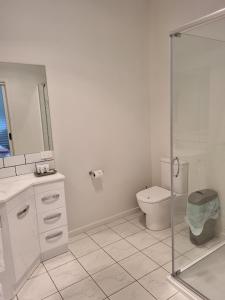 a bathroom with a toilet and a glass shower at The Pavilion on Grossman's in Torquay