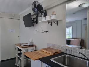 uma cozinha com um lavatório e uma ventoinha na parede em Redcliffe Homestay em Redcliffe