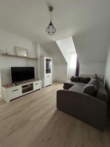 a living room with a couch and a flat screen tv at Fortress Apartament in Oradea