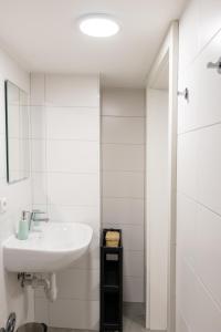 uma casa de banho branca com um lavatório e um chuveiro em City Apartment Dornbirn, Hongkong 1 em Dornbirn