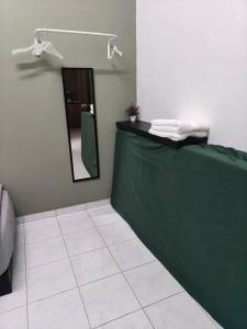 a bathroom with a green counter and a mirror at June's Homestay@ Puteri Wangsa near Aeon & IKEA in Ulu Tiram