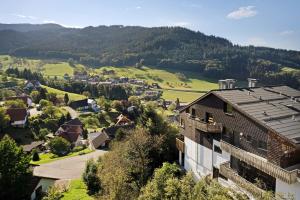 uma vista para uma pequena cidade nas montanhas em Ferienhaus Schwarzwaldleben em Seebach