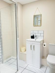 a bathroom with a shower and a sink and a toilet at Ground Floor 1-Bed Flat in Newmarket - WiFi Sleeps 3 Guests in Newmarket