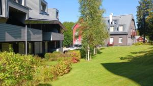 ein Haus mit Rasen neben einem Gebäude in der Unterkunft Apartmán Sofie se zahrádkou in Harrachov