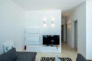 sala de estar con TV y sofá en Ocean View Penthouse with Jacuzzi Elias Homes ZanzibarHouses, en Gulioni