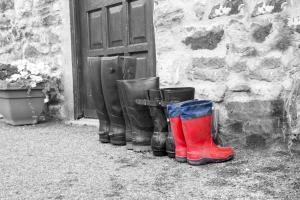 a row of rubber boots next to a building at Swallows Nest Holiday Cottage in Cockfield