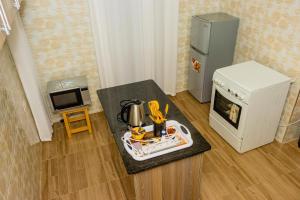 a kitchen with a counter with a stove and a refrigerator at Typhin Havens in Nanyuki