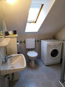 a bathroom with a toilet sink and a washing machine at Haus Rebberg in Wolfach
