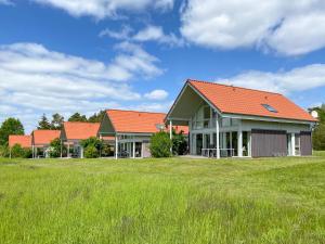 una fila de casas con techos naranjas en un campo en Ferienhaus Wiesengeflüster S1 - mit Sauna, Kamin und Workation an der Müritz en Marienfelde