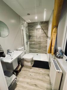 uma casa de banho com um lavatório, um WC e uma banheira em River Bann Retreat em Portglenone