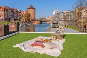 a blanket on the grass with a view of a river at Domy Na Wodzie - La Mare Motlava Houseboats with Sauna by Downtown Apartments in Gdańsk