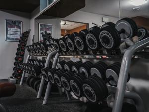 a row of dumbbells in a gym at ELITE HOTEL Nová Dubnica in Nová Dubnica