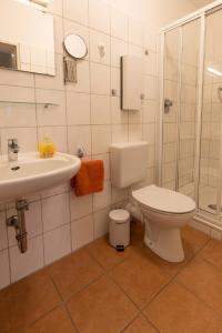 y baño con aseo, lavabo y ducha. en Ferienwohnung Trapp en Winterberg