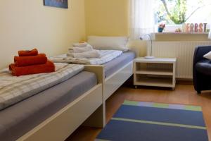 Cette petite chambre comprend 2 lits et un tapis. dans l'établissement Ferienwohnung Trapp, à Winterberg