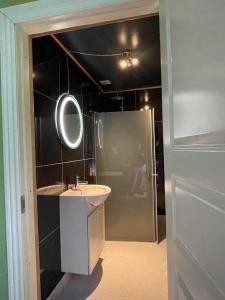 La salle de bains est pourvue d'un lavabo et d'une douche. dans l'établissement B&B Fryden Ly, à Horsens