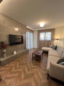 sala de estar con sofá y TV de pantalla plana en Natali's luxury apartment, en Strovolos