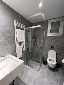 een badkamer met een douche, een toilet en een wastafel bij Natali's luxury apartment in Strovolos