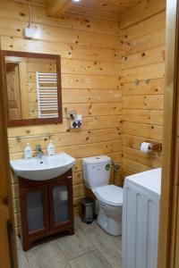 baño de madera con aseo y lavamanos en Domek Słoneczny Całoroczny 800m od Parku Wodnego Suntago Ranczo Gold Mania en Żyrardów