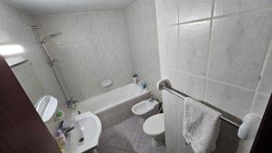 a bathroom with a sink and a toilet and a tub at Al Ahmer Apartments in Dubai