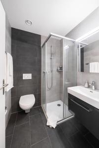 W łazience znajduje się prysznic, toaleta i umywalka. w obiekcie Studio PAOLA Interlaken w mieście Interlaken