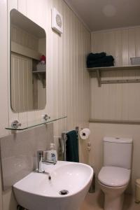 een badkamer met een wastafel, een toilet en een spiegel bij Smithy Cottage in Strathdon