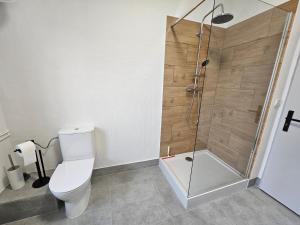 a bathroom with a toilet and a shower at Apartamenty HARDOM in Opole