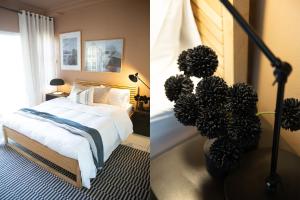 two pictures of a bedroom with a bed and a lamp at Seaside Stay - Beachfront/ Backup Inverter/ Housekeeping in Ballito