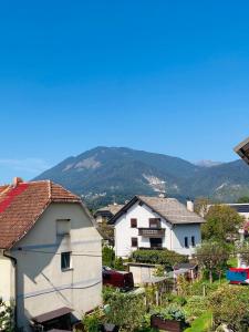 a group of houses with a mountain in the background at Rural Carniola fairytale in Križe