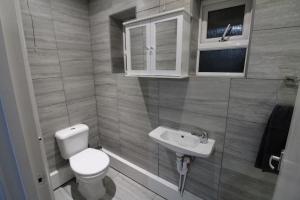 uma pequena casa de banho com WC e lavatório em Modern 2 Bed Close to City em Londres