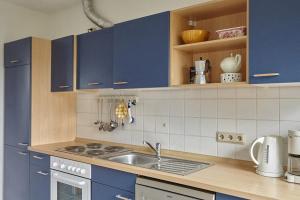 a kitchen with blue cabinets and a sink at Ferienwohnung Zierau in Amelinghausen