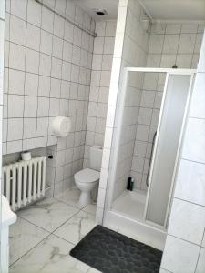 a white bathroom with a shower and a toilet at Restauracja Pod Jabłonią in Łącko