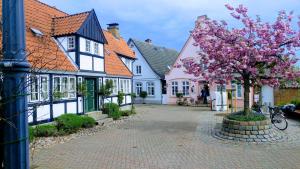 a street in a town with white and pink houses at Ferienhaus Landgang in Kappeln