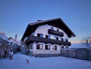 una casa en la nieve con un gato delante en Appartement Jakalar en Vils