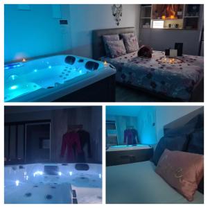 Les Fines Bulles & spa في Bourseville: ثلاث صور لغرفة مع حوض وغرفة نوم