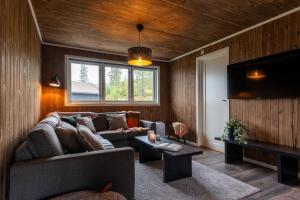 a living room with a couch and a tv at 2 min till liftar, Längdskidspår nås från altan in Trysil