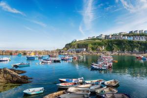 Un montón de barcos están atracados en un puerto en An Mordros 15 Polkirt Heights, en Mevagissey