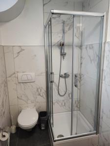 bagno con doccia e servizi igienici. di Heidenheimer Zimmer a Heidenheim an der Brenz