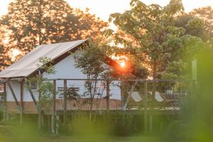 a gazebo in a garden with the sun shining at Glamping Kolpa Resort in Gradac