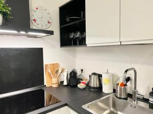 kuchnia ze zlewem i zegarem na ścianie w obiekcie Glamour Liberty Apartment Sabotino38 w Mediolanie