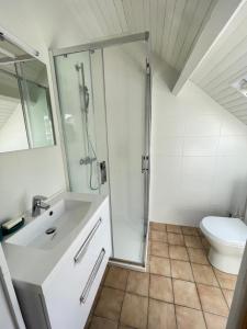a bathroom with a shower and a sink and a toilet at Ker Bara in La Trinité-sur-Mer