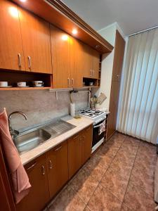 a kitchen with wooden cabinets and a sink and a stove at Meszlényi Apartman II in Pécs