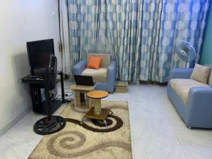 a living room with a blue couch and a tv at Grace apartment in Ofatedo