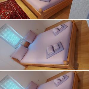 two pictures of a bed with towels on it at Apartman Zahira in Karlobag