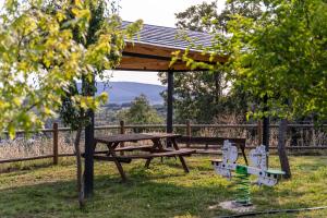 a picnic table in the grass next to a fence at Casa de turismo rural Sardom2 in Bembibre +15 photos