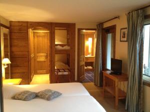 a bedroom with a bed and a tv in a room at La Maison Les Peupliers in Courchevel
