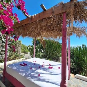 Una cama con un paraguas de paja y algunas flores rosas en Buenavista & Suites en Santa Eulalia del Río